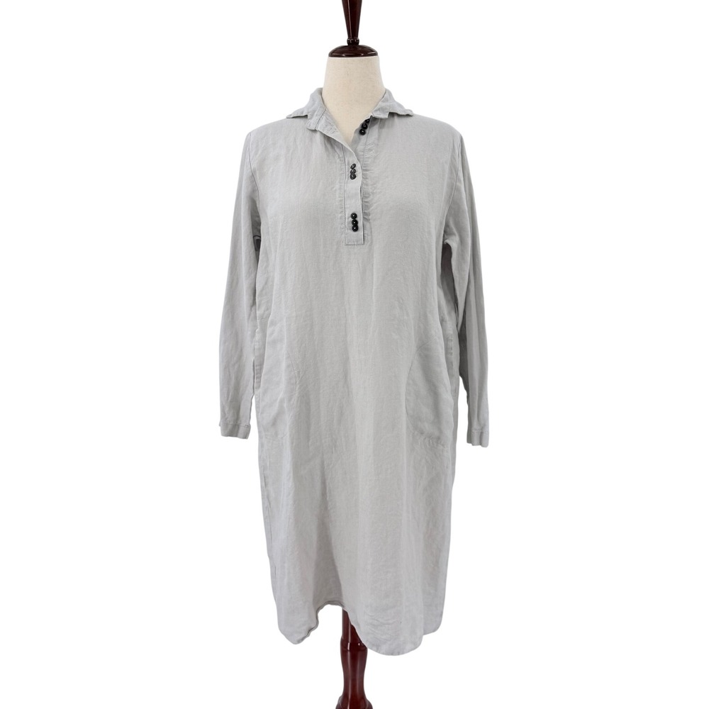 LHI Lithuanian 100% Linen Midi Dress Grey‎ Henley Long Sleeve Pockets XL Lagen